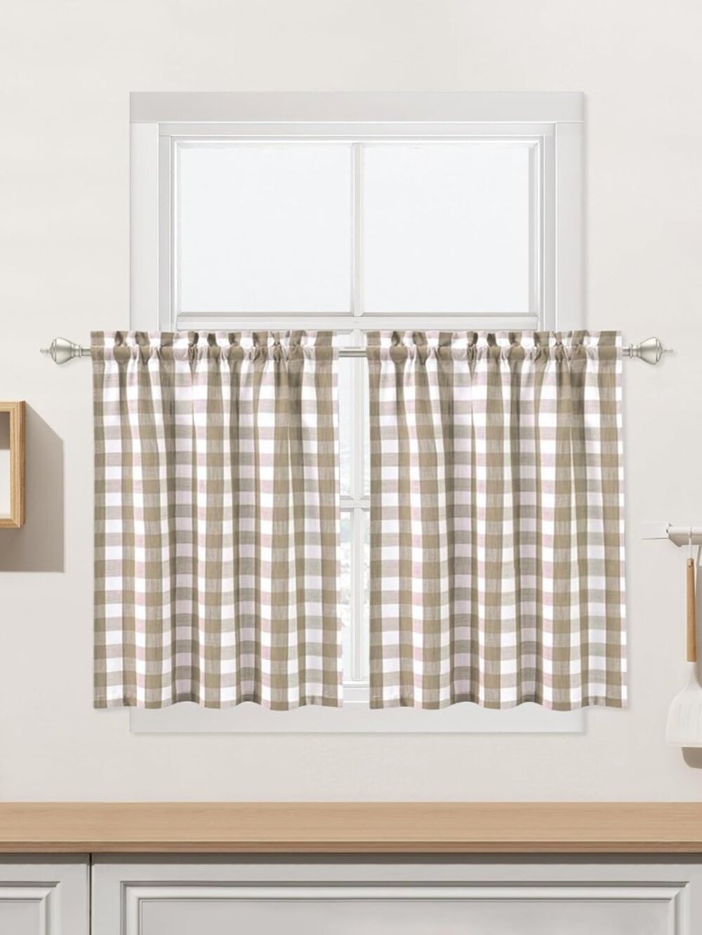 Beige White Kitchen Cafe Curtains 45 Inches Length